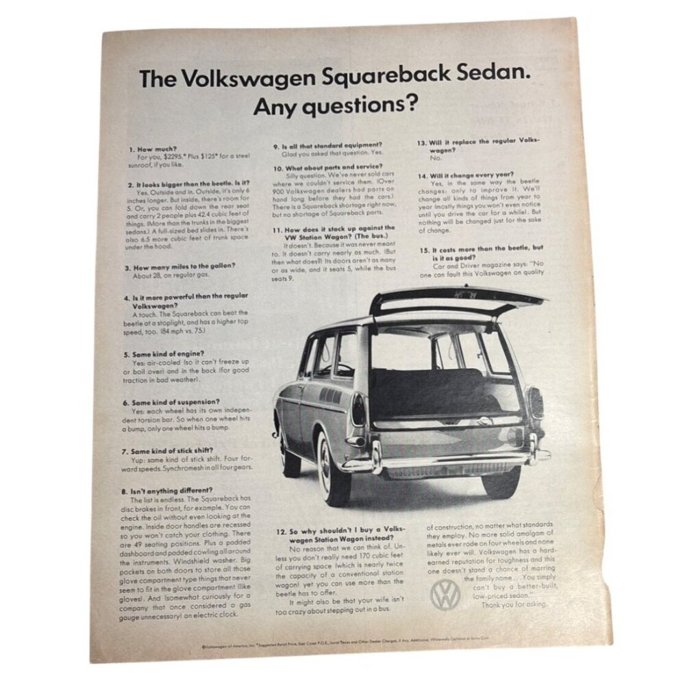 Vintage 1967 Volkswagen Squareback Sedan Advertisement Print Magazine 14 x 10"